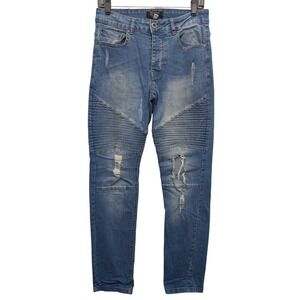 Threadbare Moto Biker Jeans Mens 30(30X31) Blue Distressed Ribbed Slim Fit